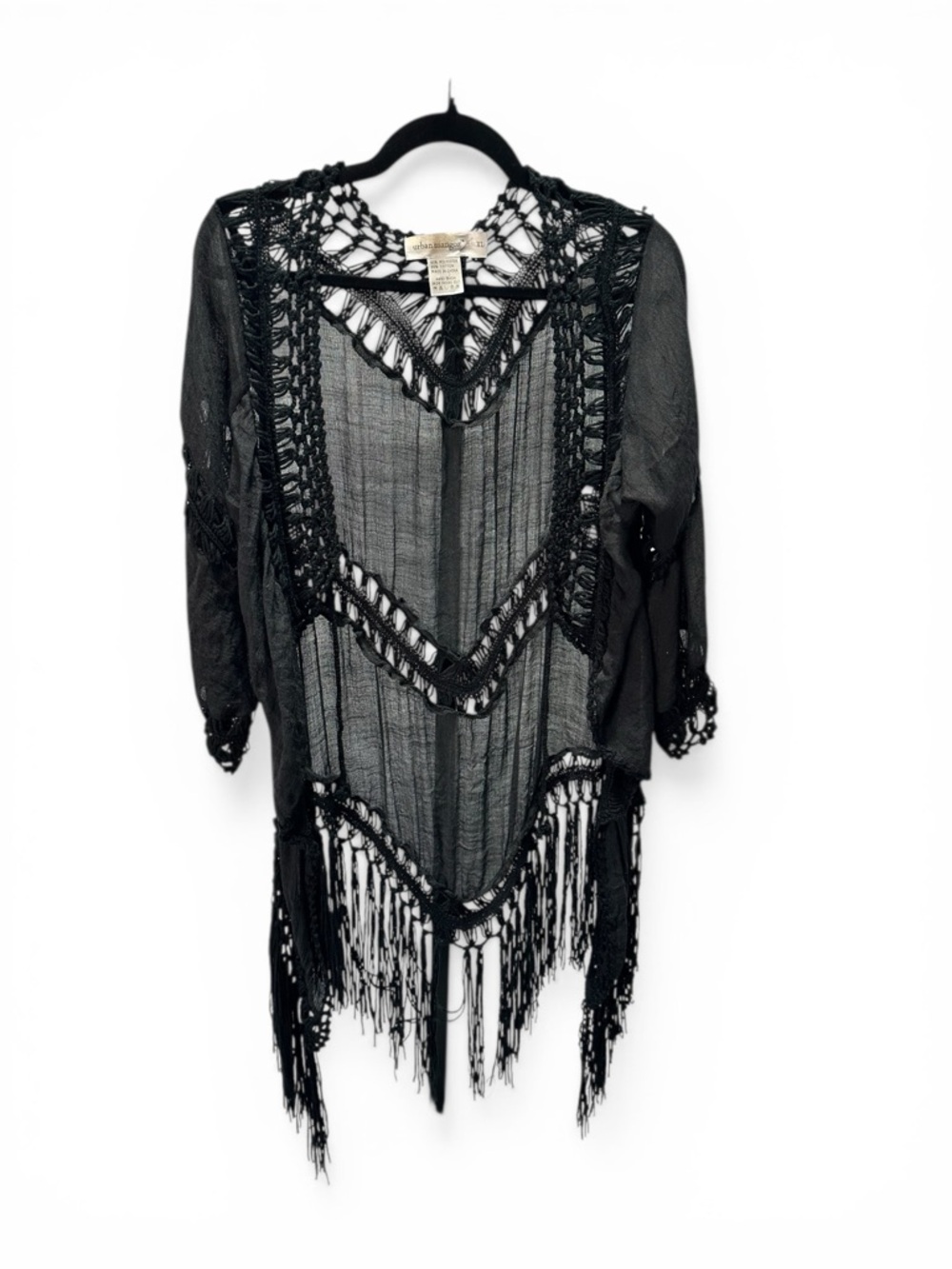 Boho Urban Mangoz Crochet Fringe Duster Kimono Black Festival Western Sz XL